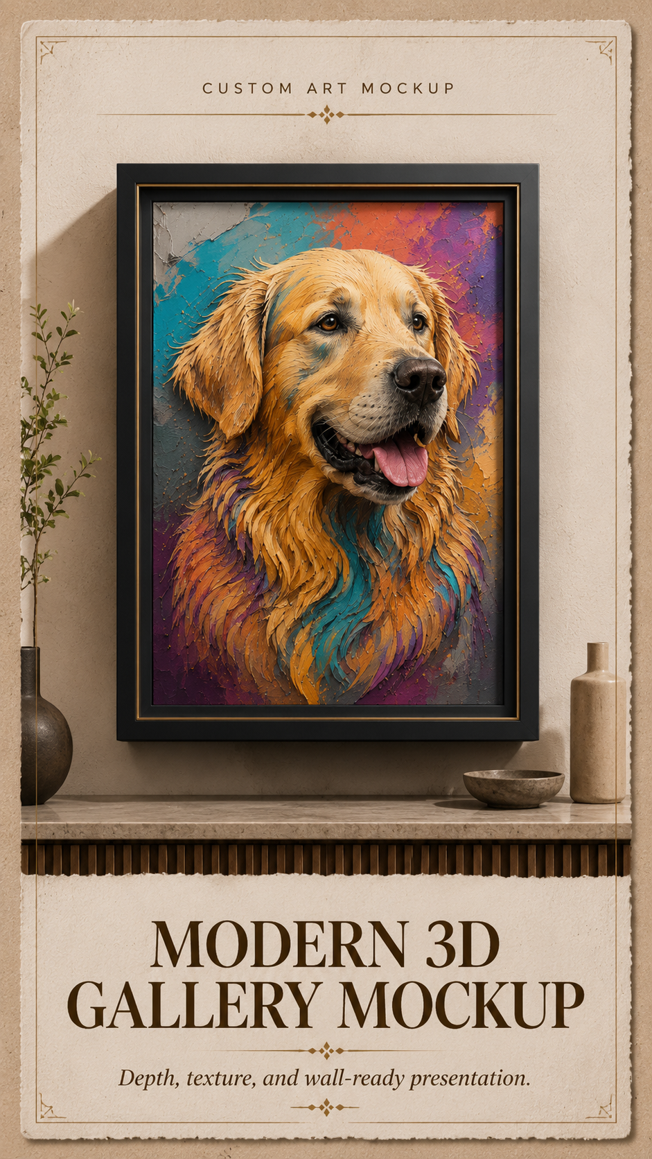 Framed oil-style golden retriever portrait on gallery wall