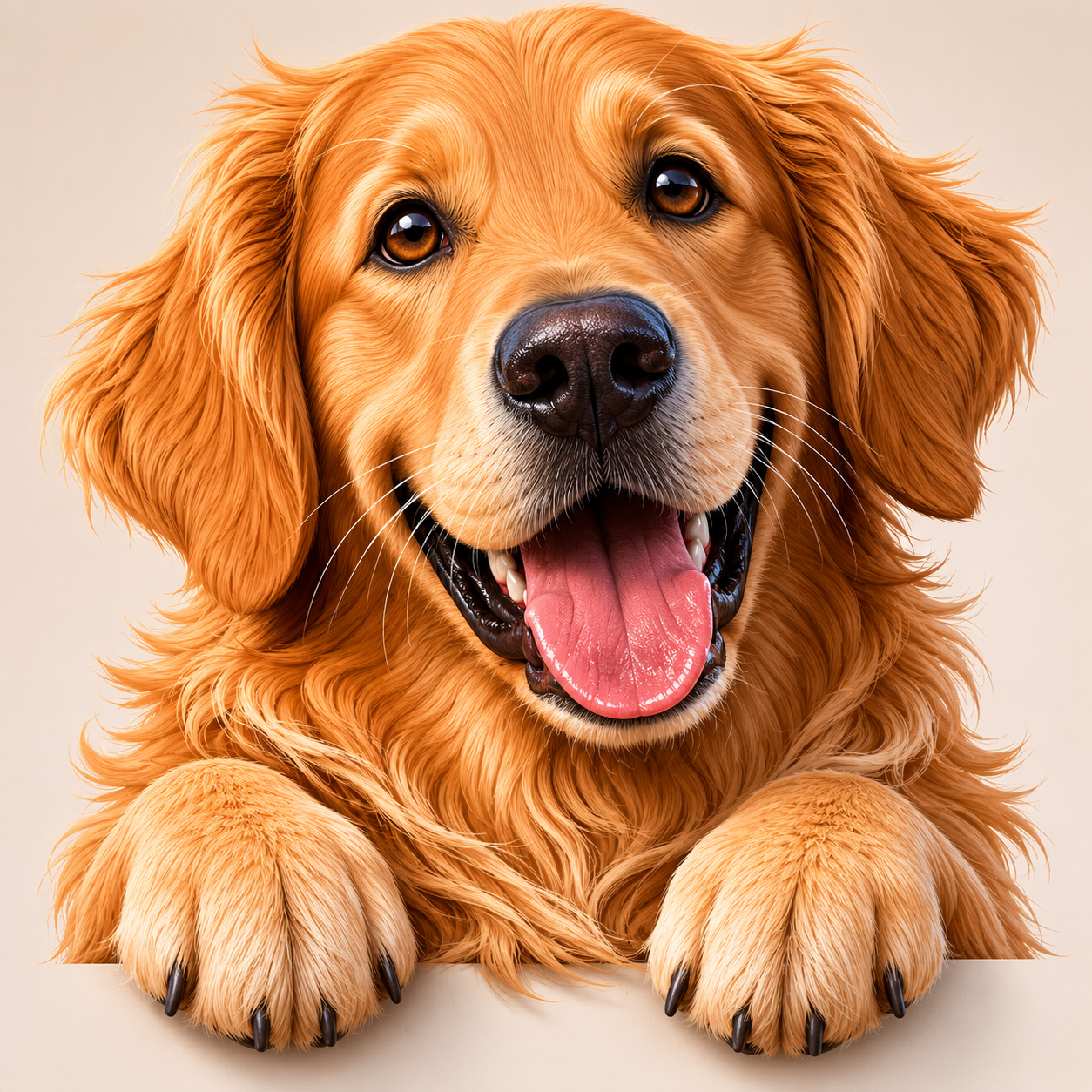 3D hyper-realistic portrait of golden retriever