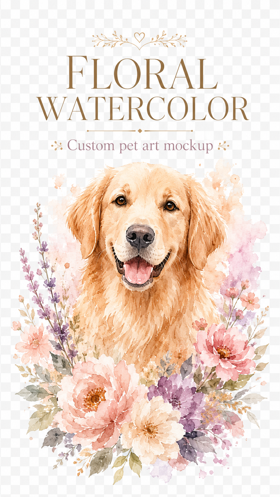 Floral watercolor golden retriever portrait with flowers