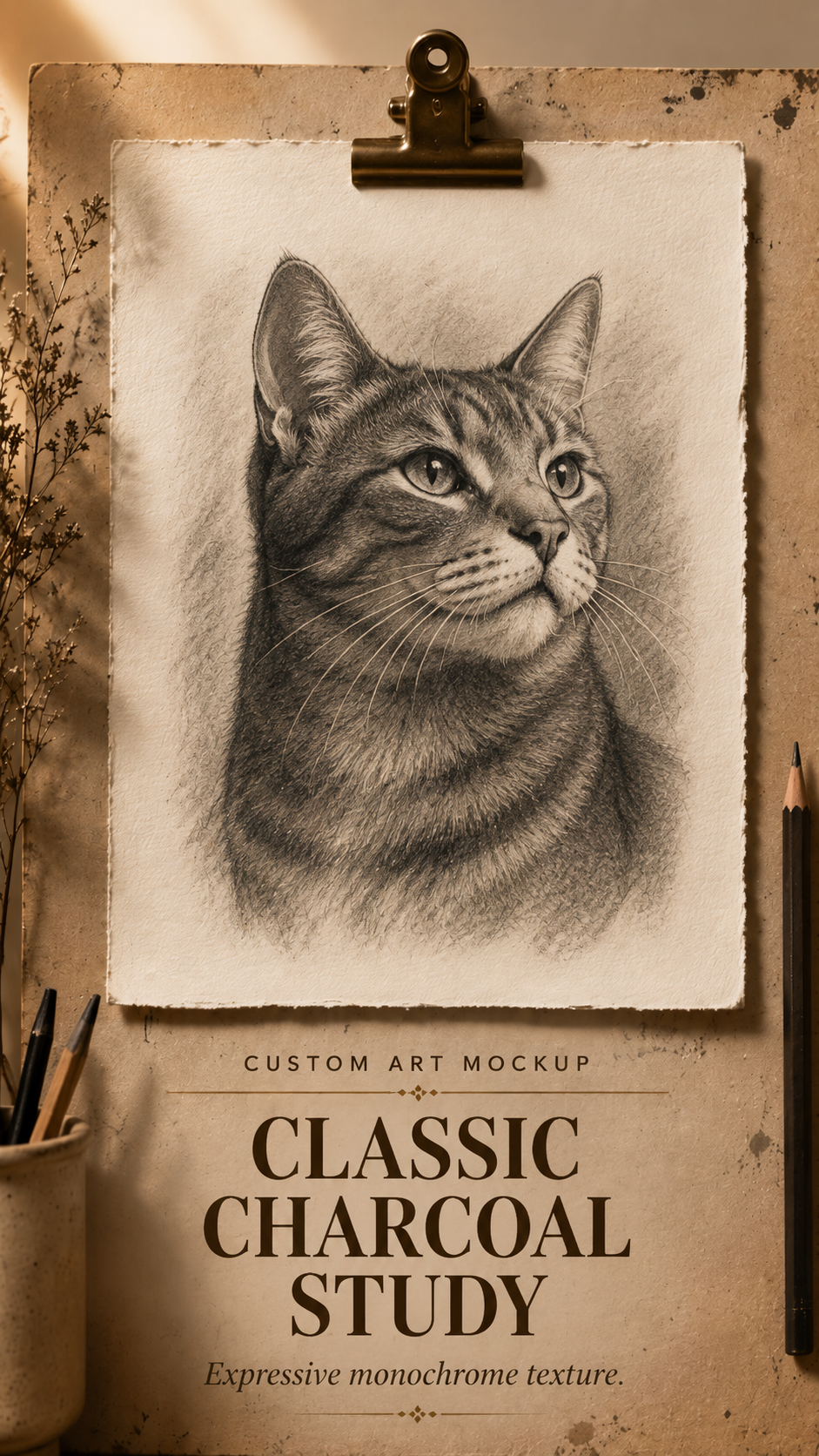 Classic charcoal study of a tabby cat
