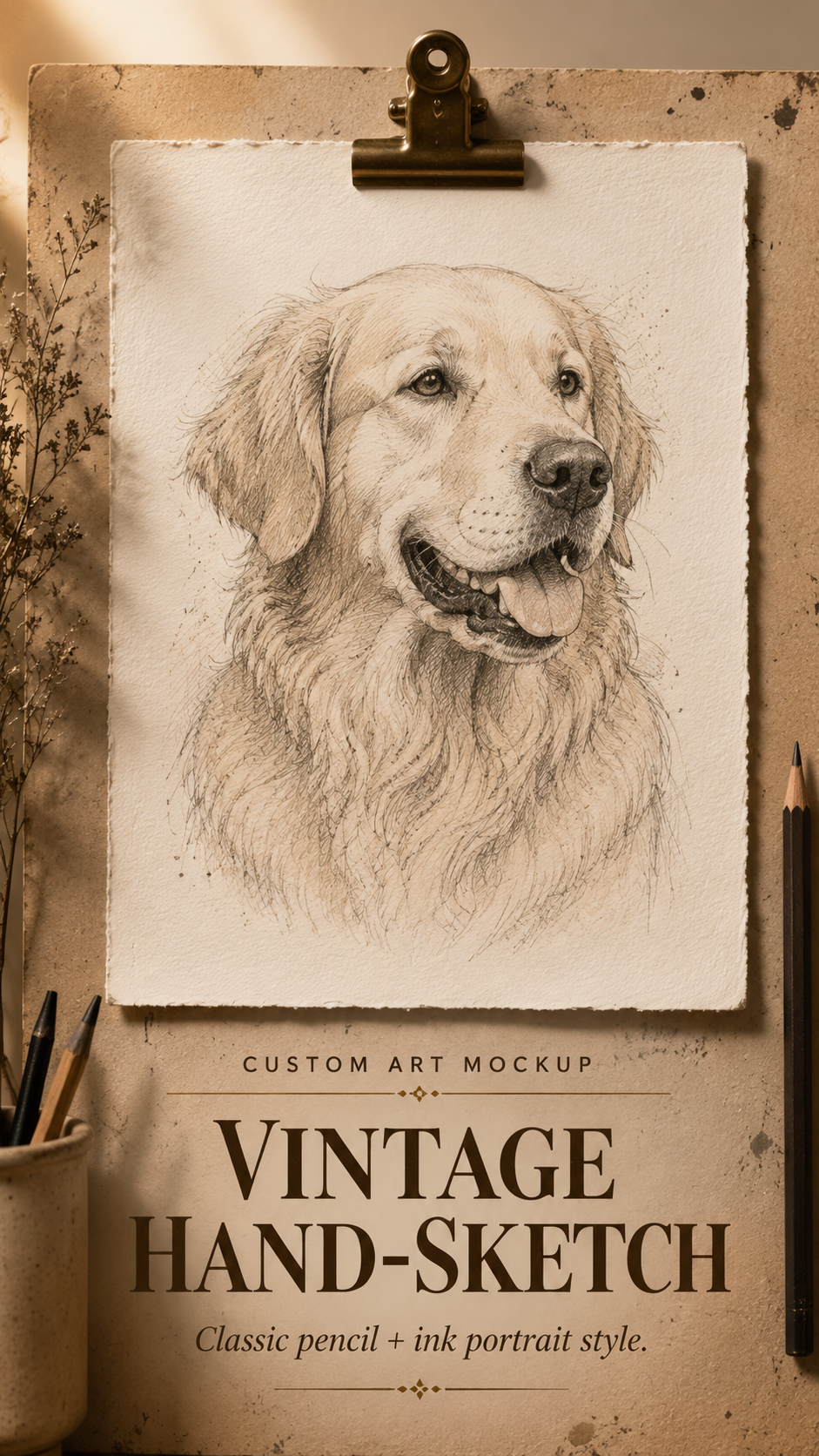 Vintage hand-sketch golden retriever portrait