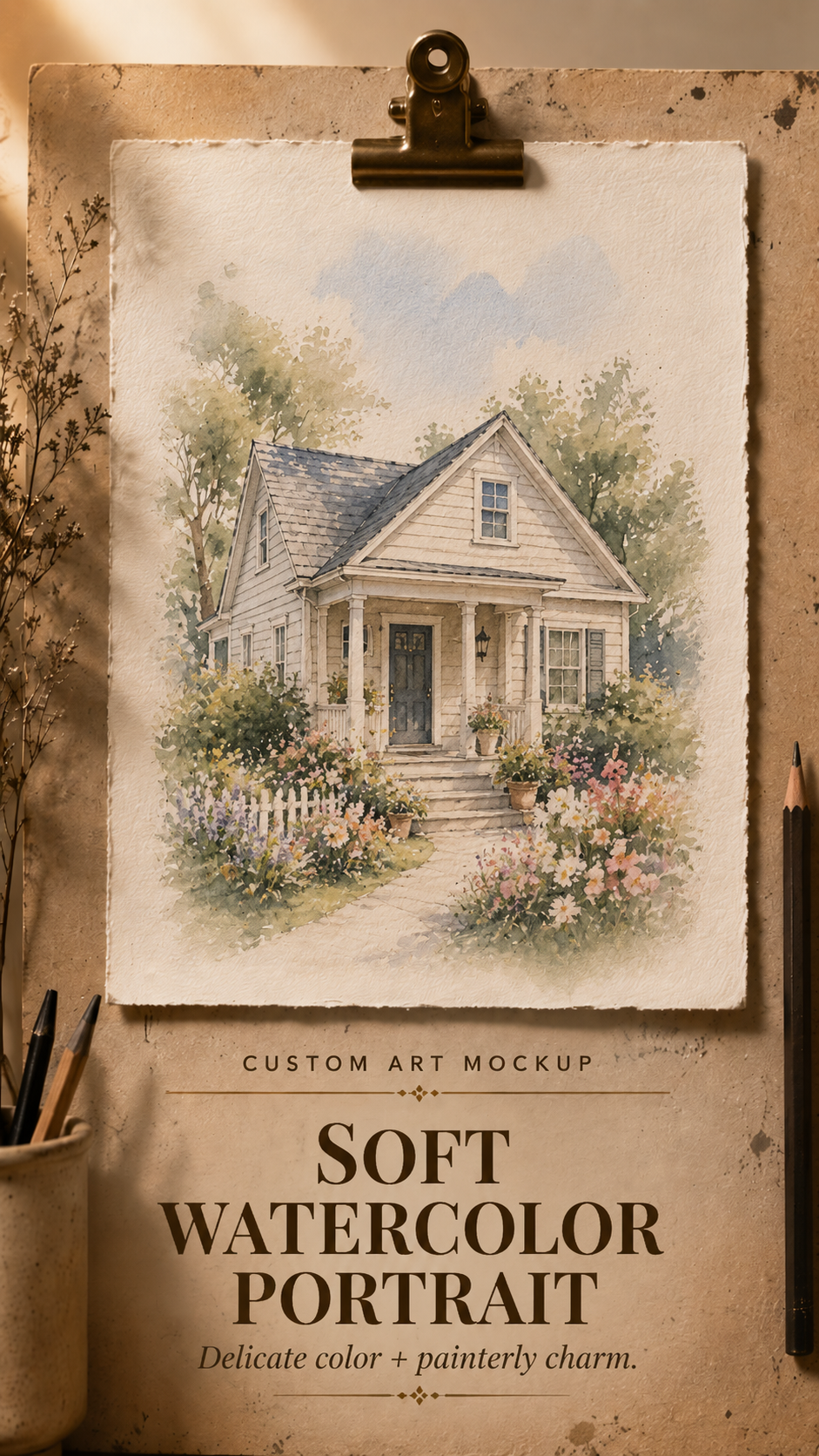 Soft watercolor painting of a cottage with garden